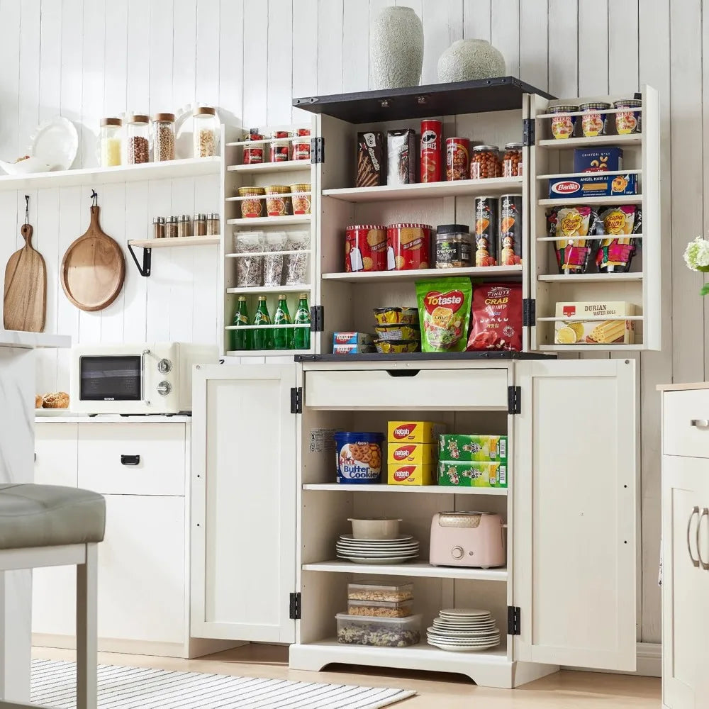 Garde-manger de cuisine, armoire de rangement avec portes de grange, organisateur, tiroir et étagères réglables, armoire en bois rustique pour cuisine