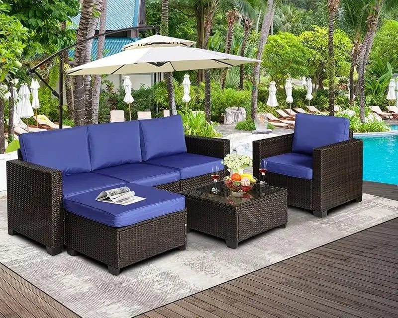 Q6 pieces set outdoor sectional wicker furniture patio couch with Ottoman for lawn, balcony, garden