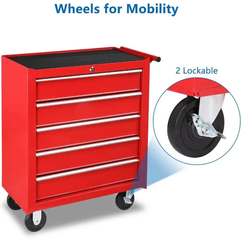 5-Drawer Rolling Tool Chest W/Lock & Key Tool Storage Cabinet with Wheels Top Cushion & Drawer Liners for Garage Warehouse