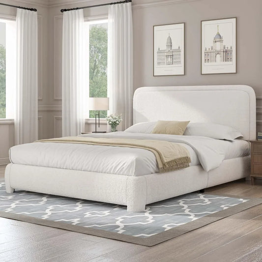 Queen Bed Frame, Boucle Upholstered Platform Bed Frame with Headboard, Soft Rounded Corners, No Box Spring Required