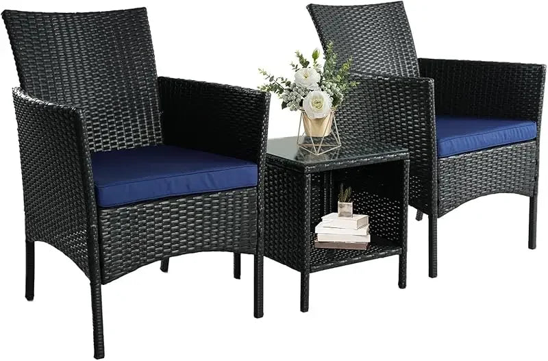 QJRBIAO Conversation Furniture 3-Piece Set PE Rattan Wicker Chair with Table Suitable for Patio, Poolside, Lawn and Other