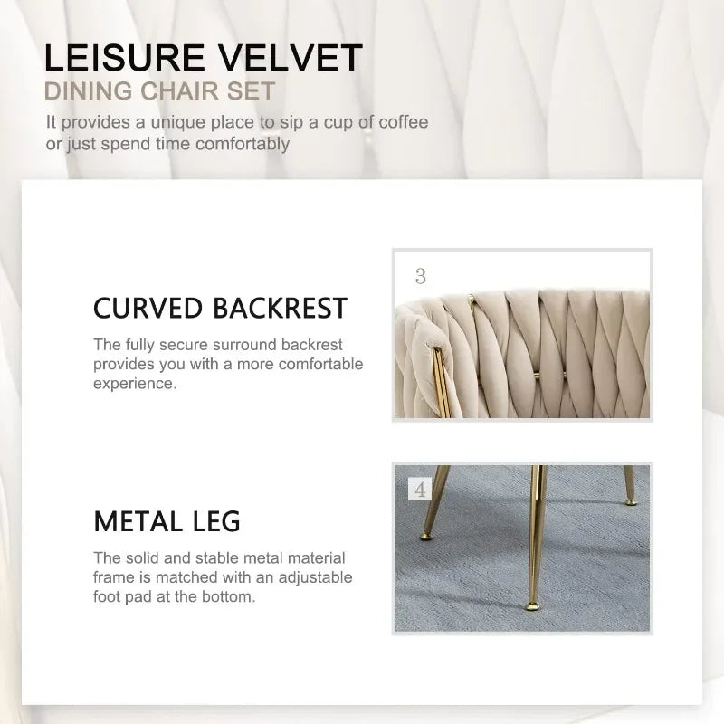 Velvet Dining Chairs Set of 4, Woven Upholstered Dining Chairs with Gold Metal Legs, Modern Accent Chairs for Living Room