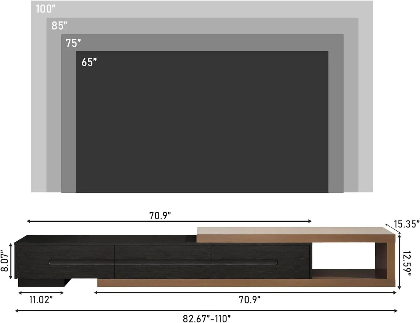 Soporte de TV extensible, moderno centro de entretenimiento para TV de hasta 120 pulgadas, consola multimedia de TV reversible de madera con 3 cajones, 82-110''