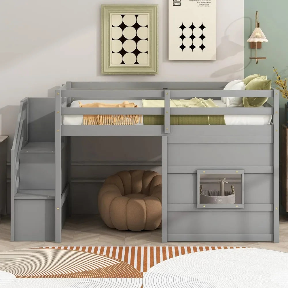 Cama loft doble de tamaño doble para niños, cama loft doble con escalera de almacenamiento y ventana, estructura de cama de madera para adolescentes, niños y niñas (gris)