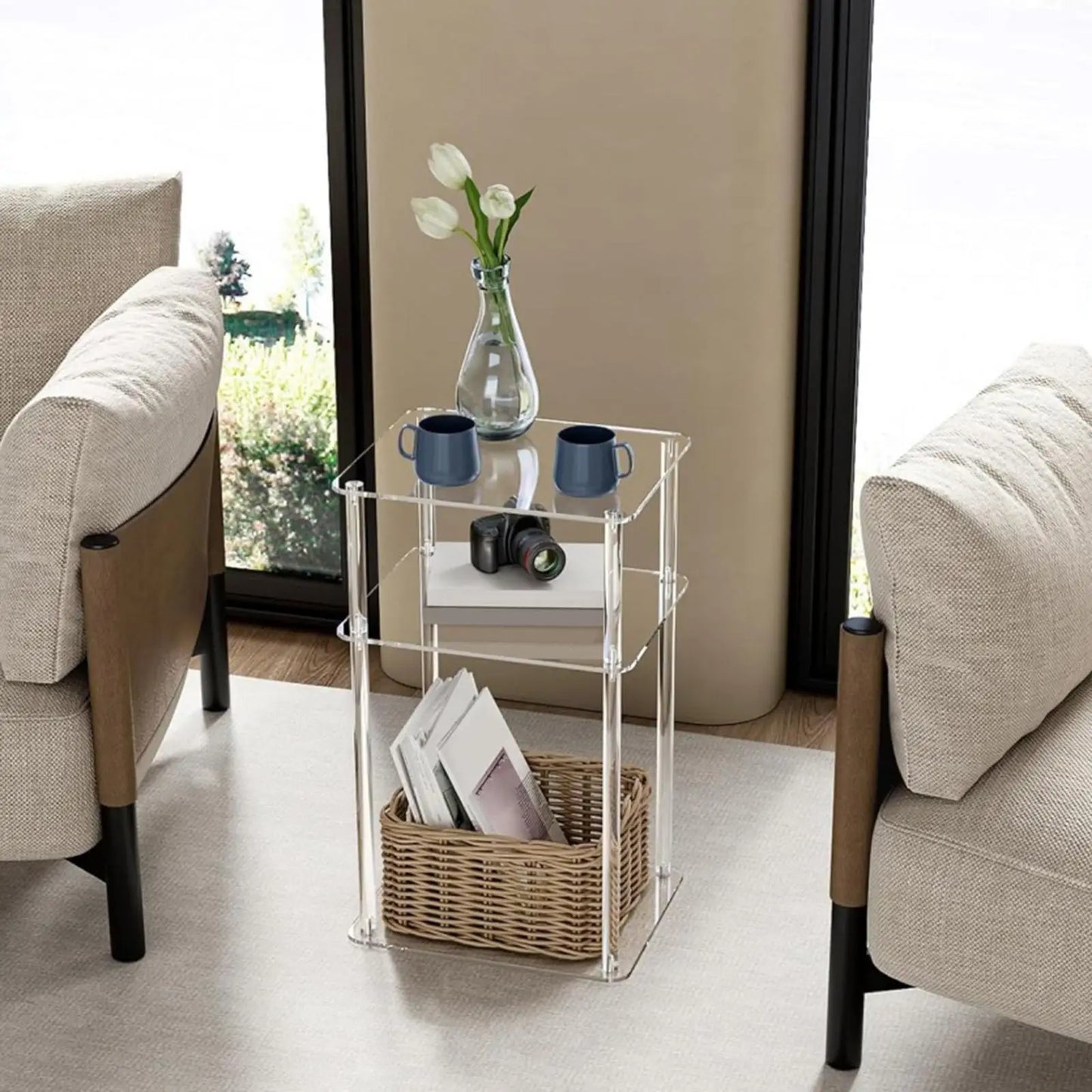 Mesa auxiliar de acrílico de 3 niveles, mesita de noche, mueble de noche transparente, mesa de noche para baño, sofá, sala de estar