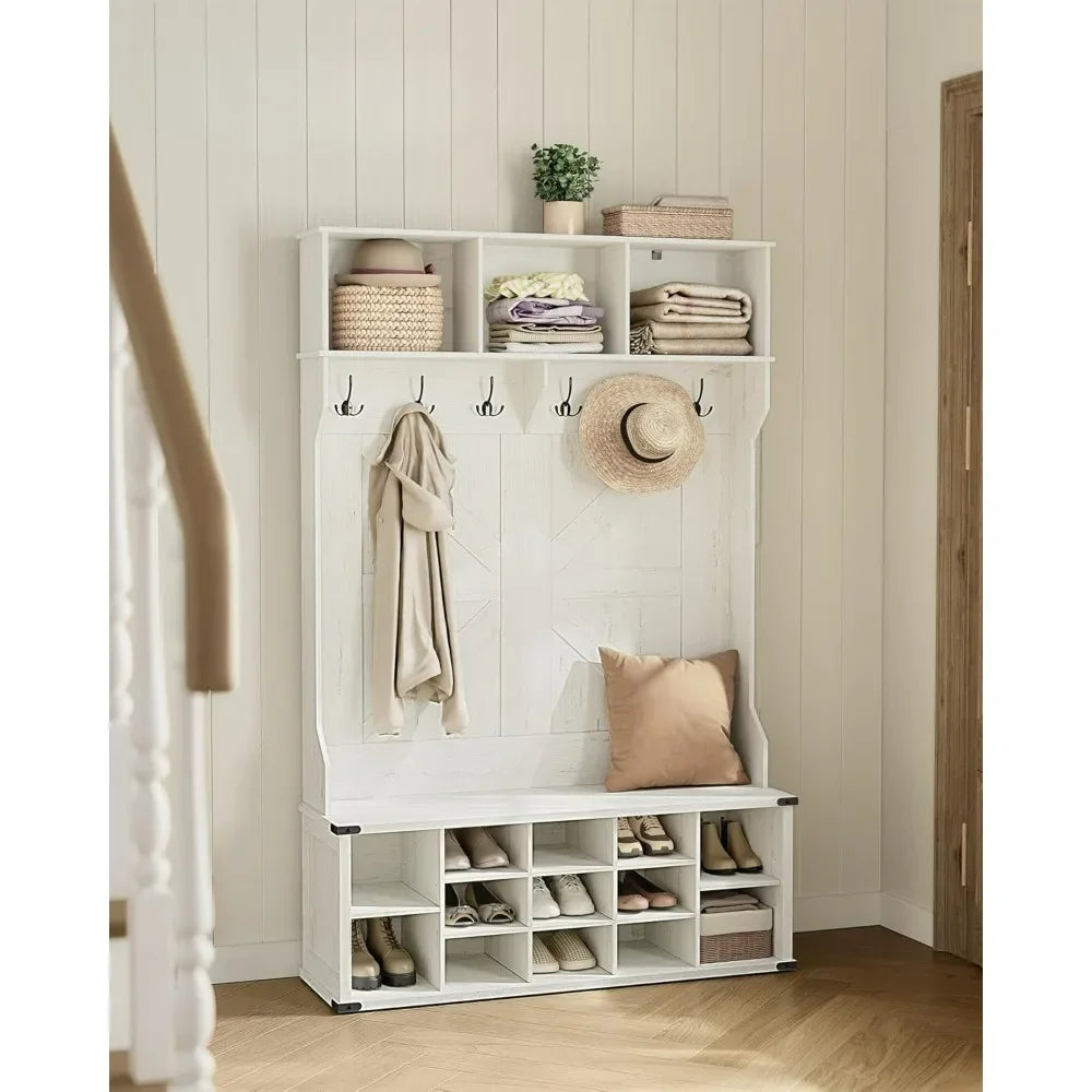 White Hall Tree with Bench and Shoe Storage, Coat Rack with Shoe Bench, Entryway Furniture, 6 Tri-Hooks, Farmhouse Wooden Style