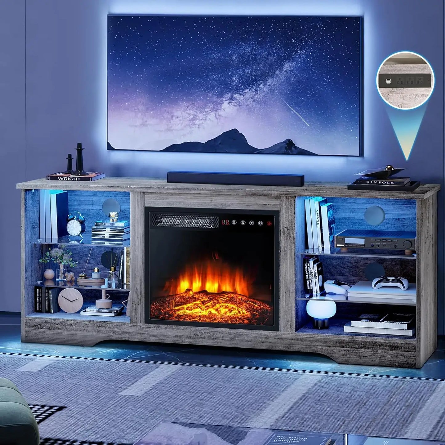 Meuble TV avec cheminée de 58 pouces pour téléviseurs jusqu'à 65 pouces Console avec cheminée électrique de 18 pouces et télécommande, avec étagères en verre à lumière LED