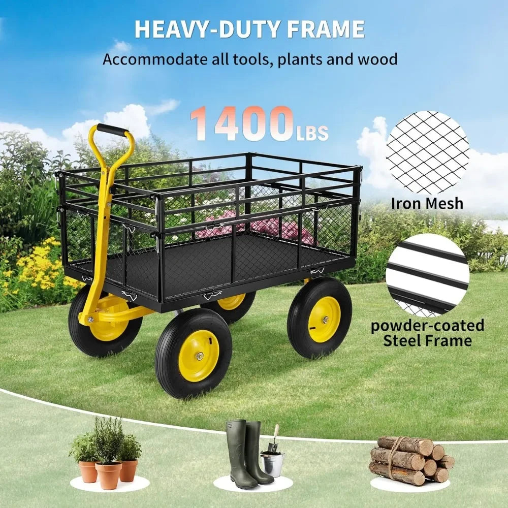 Wagon cart With Removable Mesh Sides to Convert Into Flatbed Camping Trolley Cart Heavy Duty 1400 Lbs Capacity Steel Garden Cart