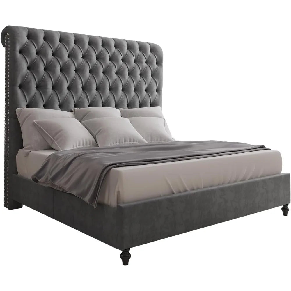 Queen Size Bed Frame with Sleigh Headboard 60" Tall Velvet Upholstered Platform Bed, No Box Spring Needed