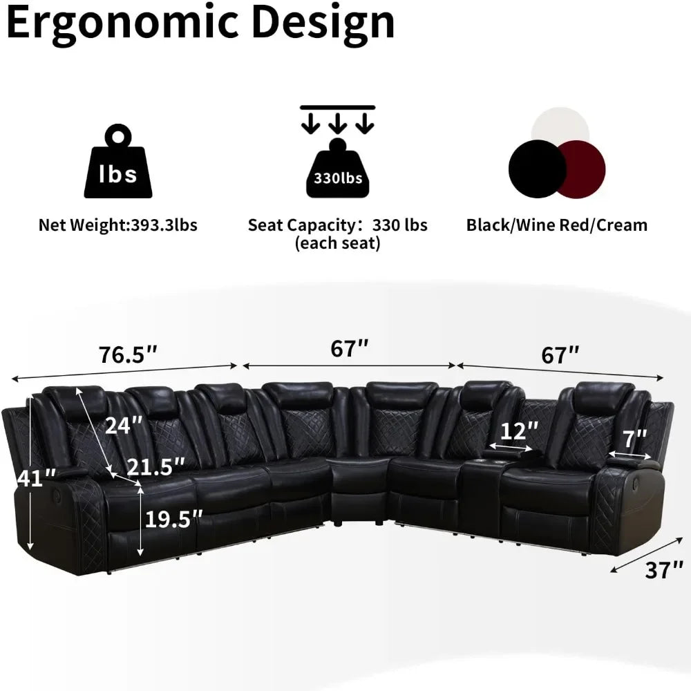 recliner，Power Recliner Sofa Sectional Couches with LED Light for Living Room,Leather Reclining Corner Sectional Sofa Set