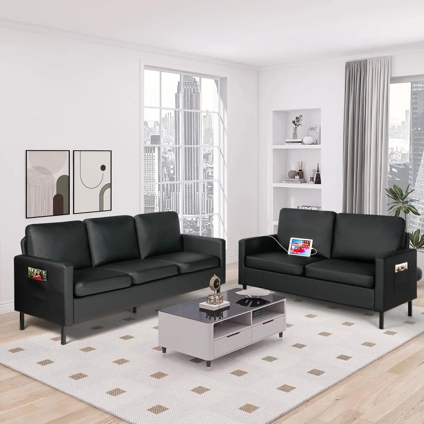 Sectional Sofa Set Couches Sofas Living Room Furniture Sets, Loveseat/Sofa/Set with USB & Accent Chair