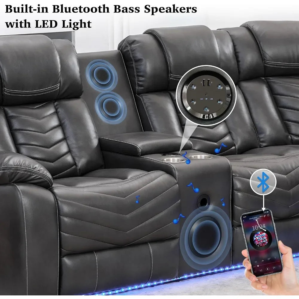 recliner，Power Reclining Sectional Couch with Bass Speaker Recliner Reclining Sectional Sofa with LED Light Faux Leather