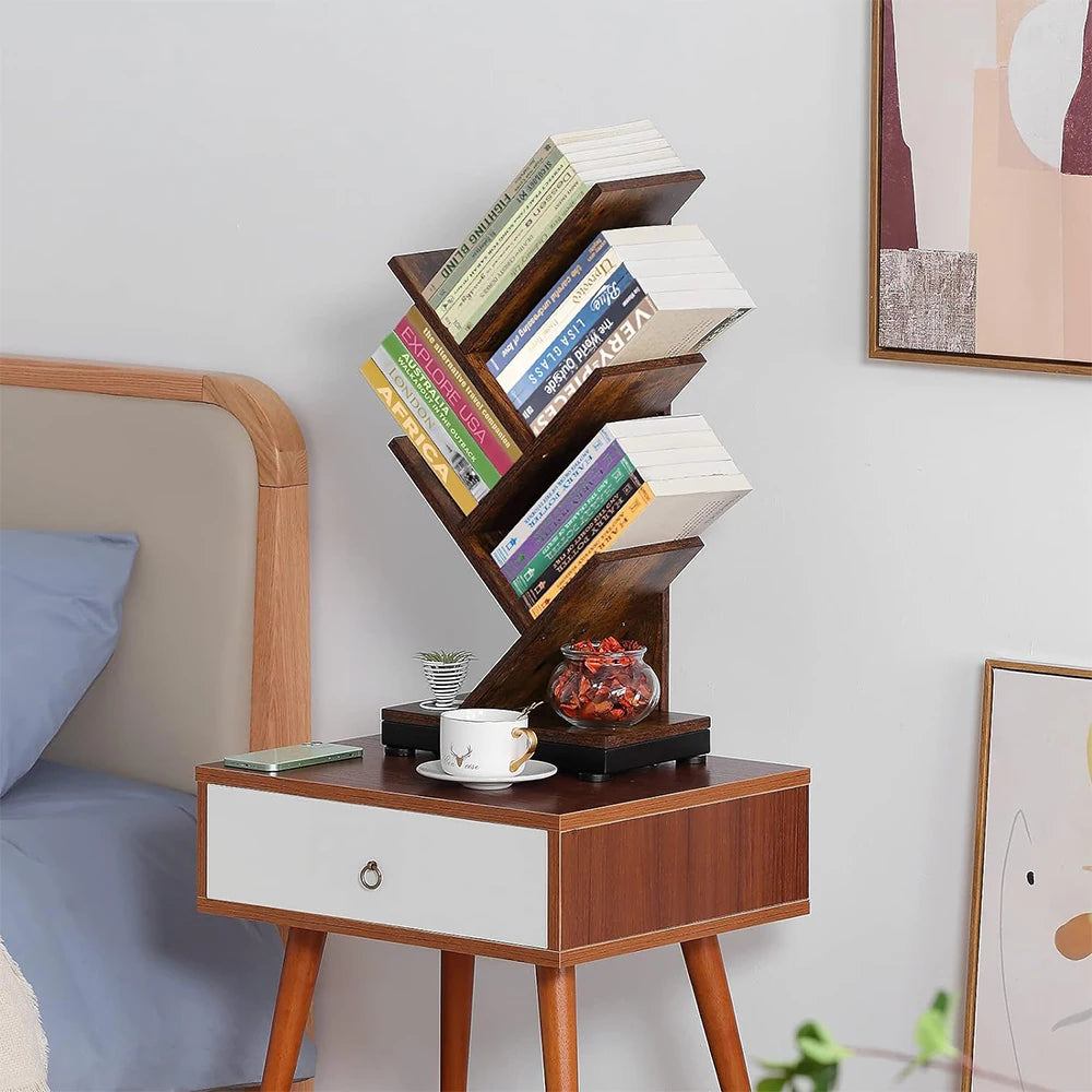 4 Shelf Tree Bookcase 24.1 inch Retro Floor Standing BookShelf Living Room Bedroom Storage Shelves Wooden Balcony Furniture