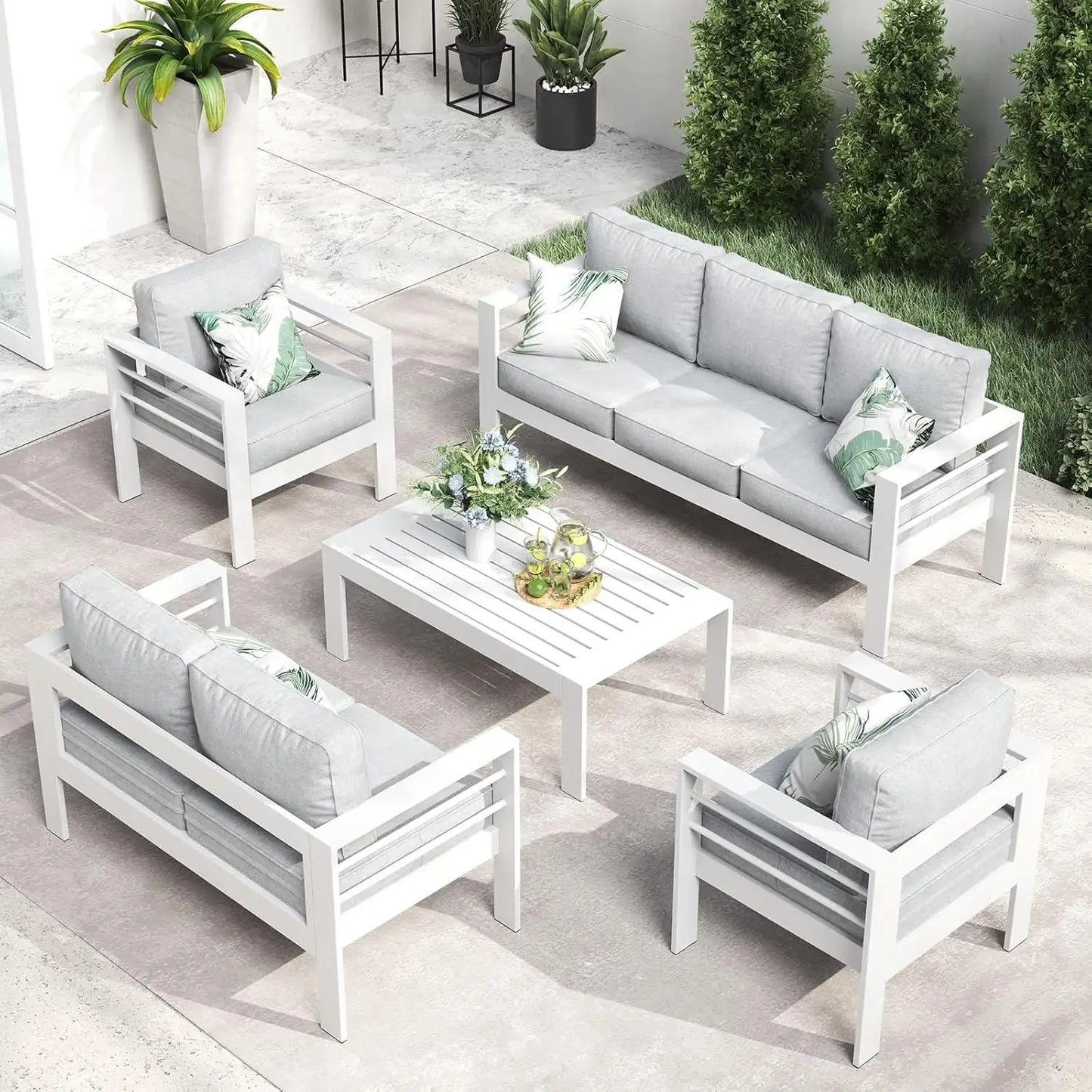 QLayinSun Aluminum Furniture with Fire Pit Table, 5 Pieces Patio Sectional Conversation Chat Sofa Modern Seating Set