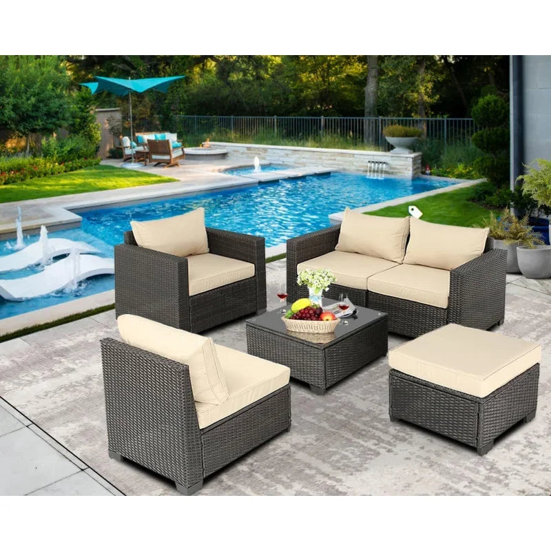 Q6 pieces set outdoor sectional wicker furniture patio couch with Ottoman for lawn, balcony, garden