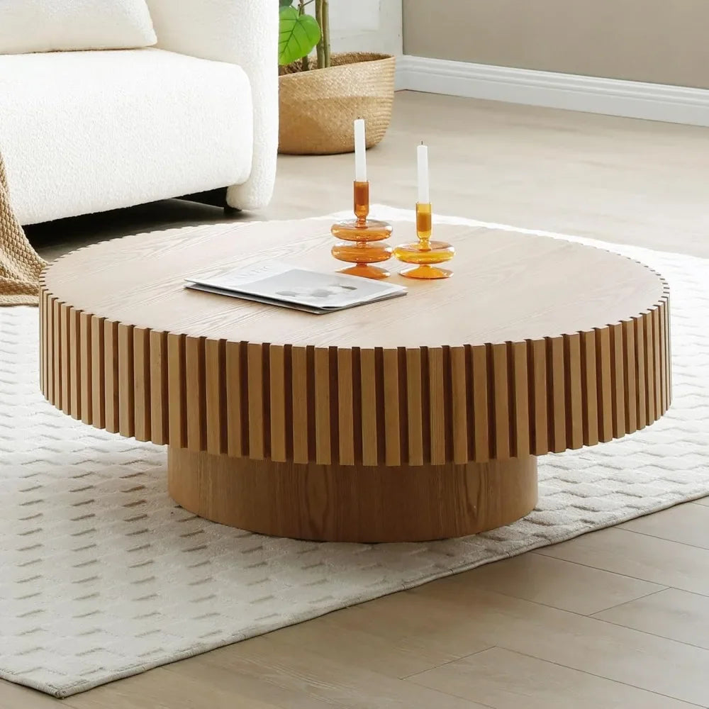 Mesa de centro redonda de 31,49'', mesa auxiliar de madera para sala de estar, mesa auxiliar moderna y contemporánea con tambor estriado circular, fácil montaje para