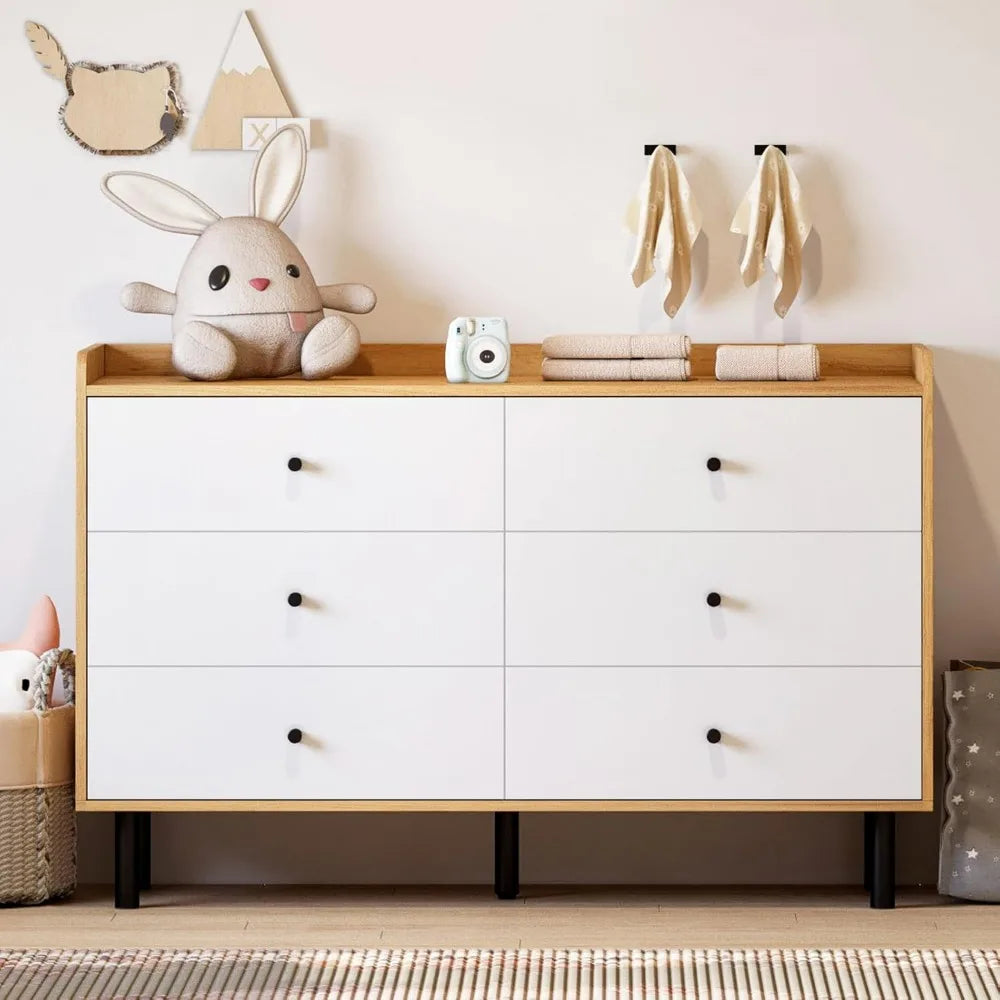 Dresser with 6 Drawers and Metal Handle,Sturdy Frame Modern Bedroom Furniture, Chest of Drawers, White Dressers with Drawers