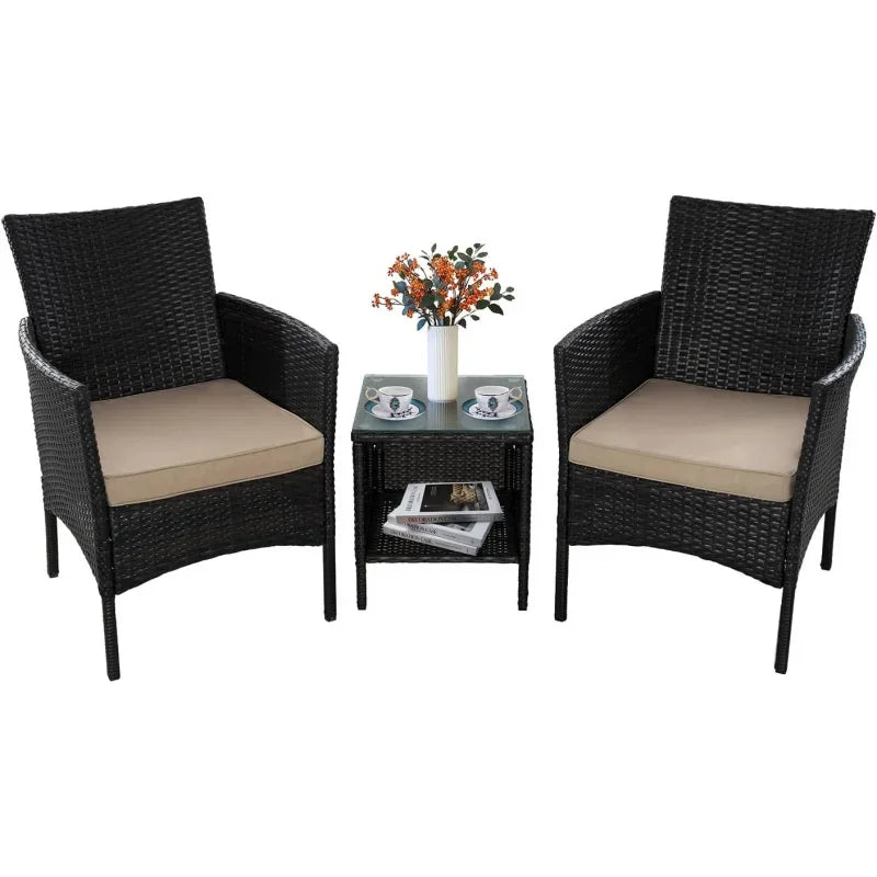 QJRBIAO Conversation Furniture 3-Piece Set PE Rattan Wicker Chair with Table Suitable for Patio, Poolside, Lawn and Other