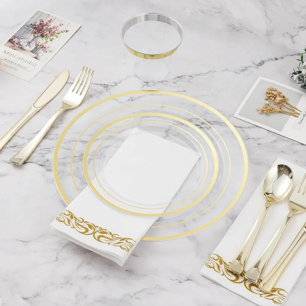 700PCS Clear Gold Disposable Dinnerware Set (100 Guests),for Party, Wedding,200 Plastic Plates,100 Gold Silverware, Cups,Napkins