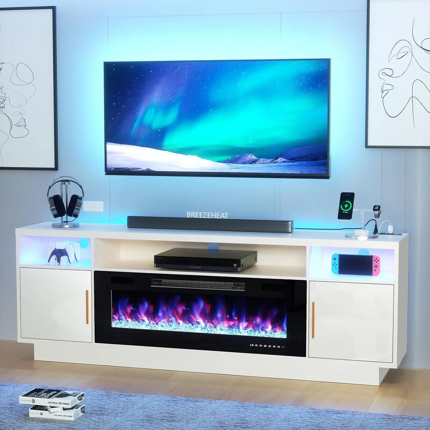 Meuble TV avec foyer électrique - Centre de divertissement à LED - Meuble TV avec foyer électrique 18''/36'' - Meuble TV de salon avec rangement