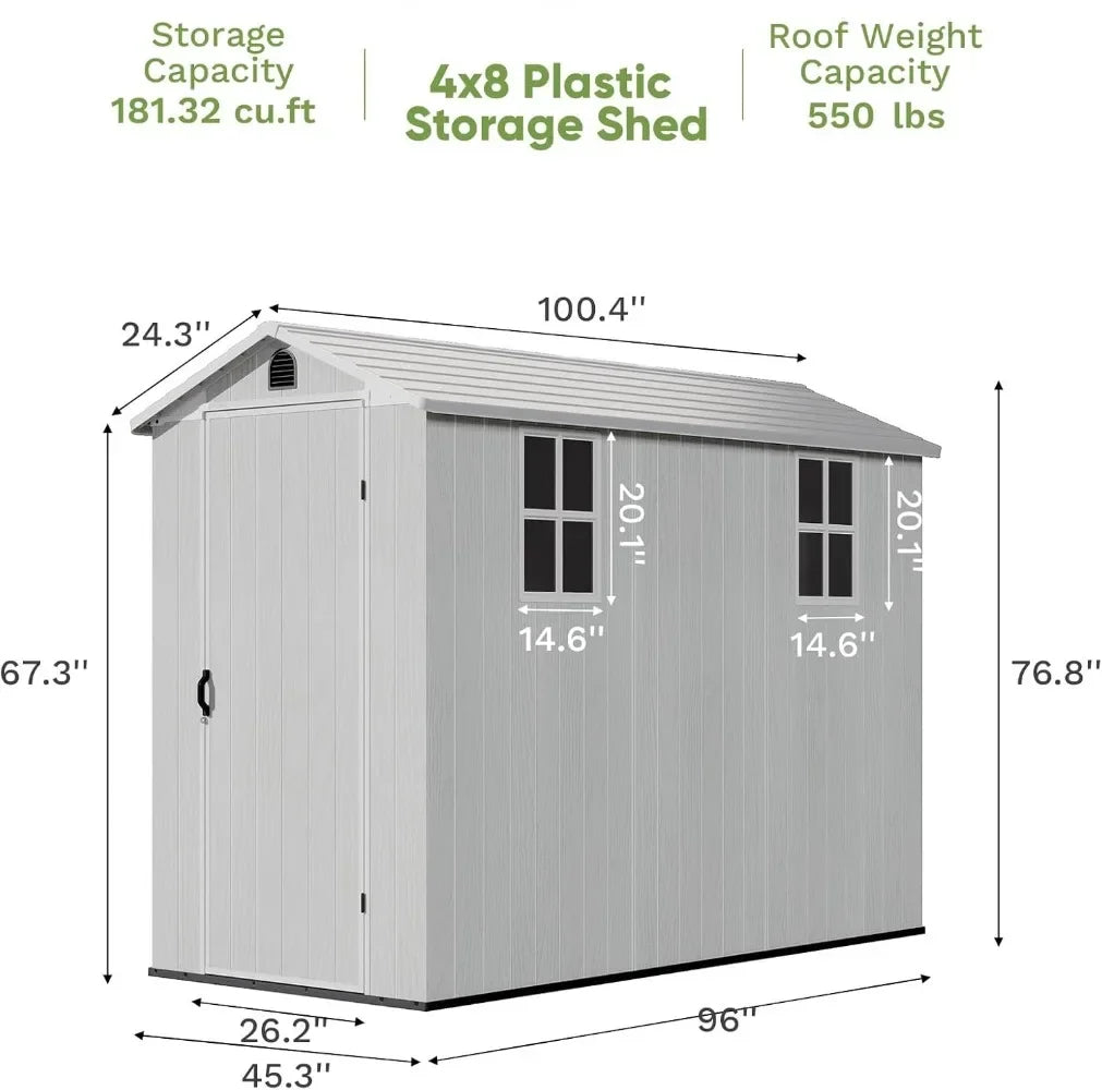 4 x 8 FT Plastic Outdoor Storage Shed with Floor, Resin Outside Shed with Windows and Lockable Door for Backyard