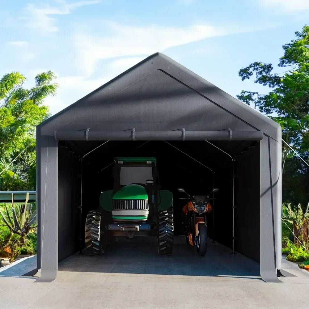 Abri d'extérieur pour voiture 10 x 20 pieds, abri de rangement robuste avec auvent, garage portable avec parois latérales et portes amovibles, bâche toutes saisons, gris