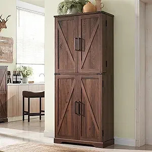 Garde-manger de cuisine, armoire de rangement avec portes de grange, organisateur, tiroir et étagères réglables, armoire en bois rustique pour cuisine