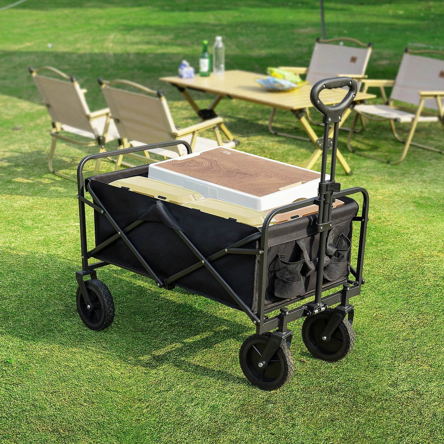 JHK Chariot de plage pliable d'extérieur pour jardin, grande capacité, chariot d'épicerie utilitaire pour le shopping, le sport et le camping