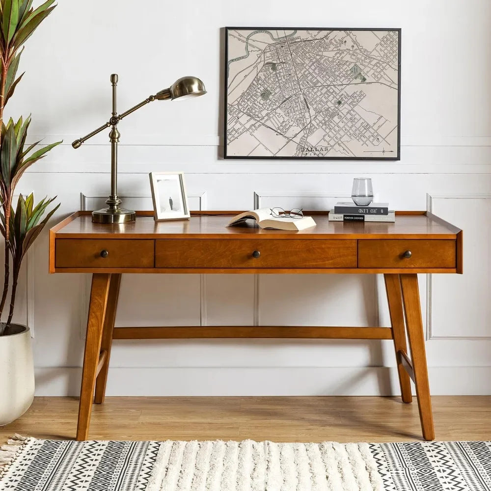 Bureau à domicile avec 3 tiroirs et pieds en bois massif, table d'écriture avec station de charge et gestion des câbles, style moderne du milieu du siècle