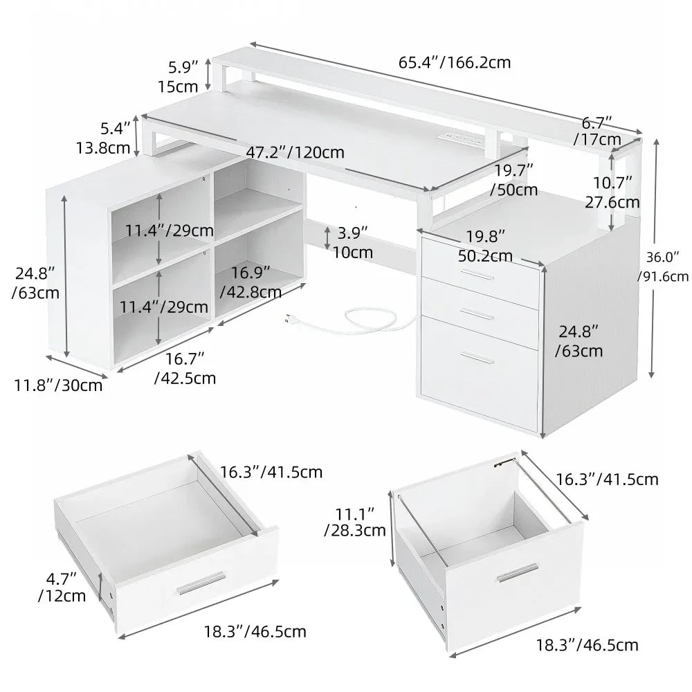 Ensembles de mobilier de bureau, bureau en L de 65 pouces avec prises de courant et support pour moniteur, bureau d'ordinateur avec éclairage LED et classeur