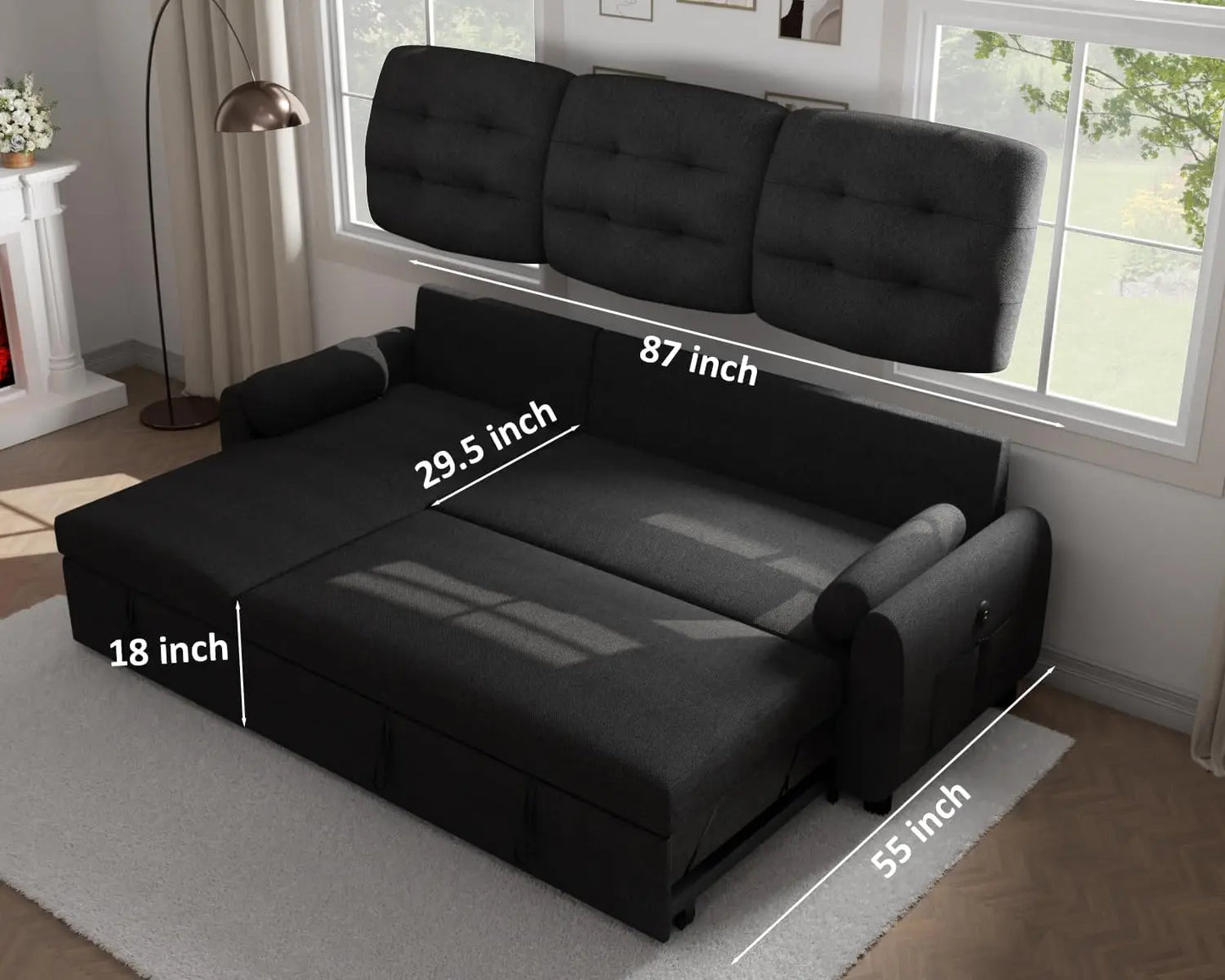 Sectional Sofa,87" Sleeper Sofa Bed w/Reversible Storage Chaise Pull Out Couch w/Side Pocket,Charging Station,Removable Backrest