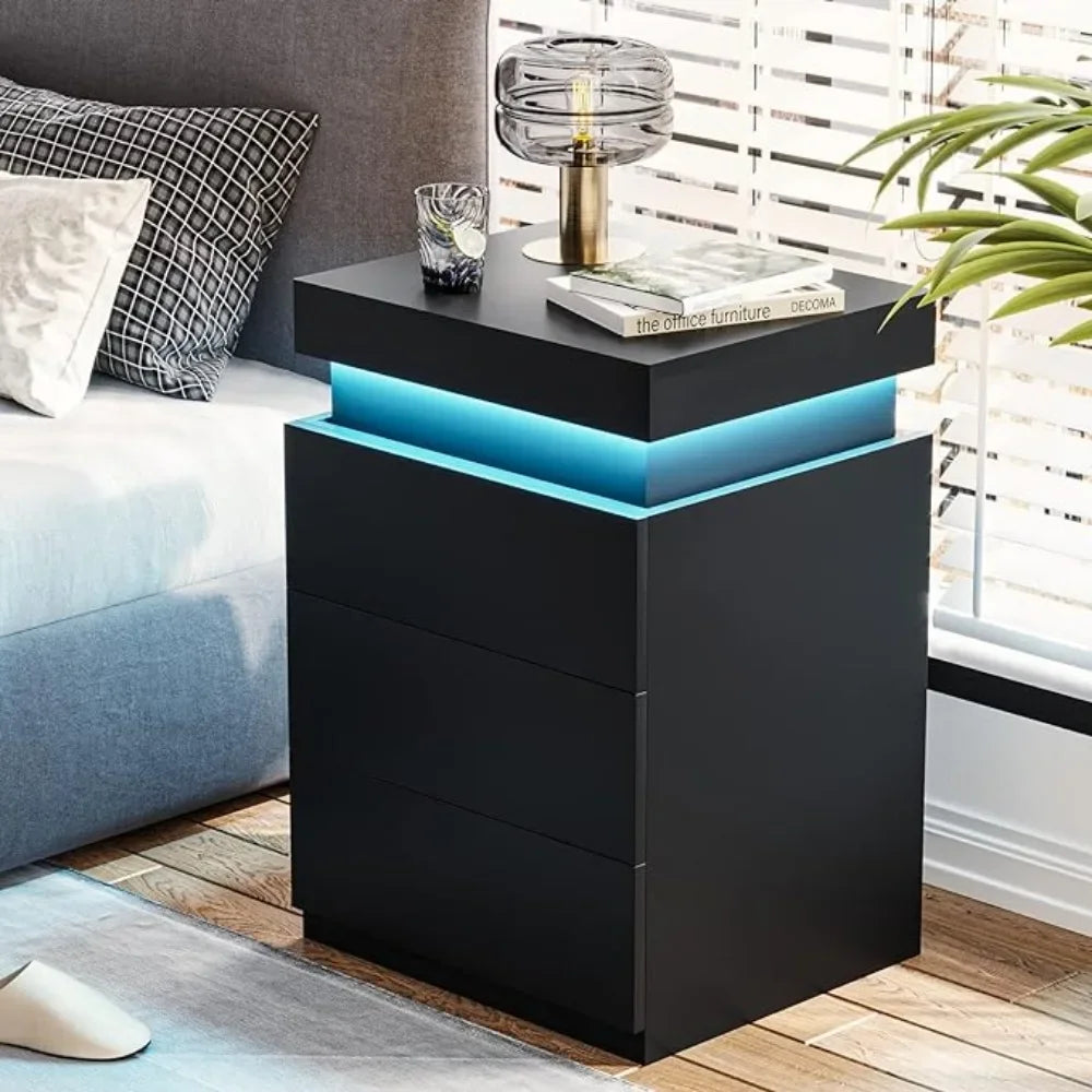 LED Bedside Table With 3 Bedroom Drawers 16-color Lights and 2 AC and 2 USB Ports Bedside Tables for the Bedroom Nightstands