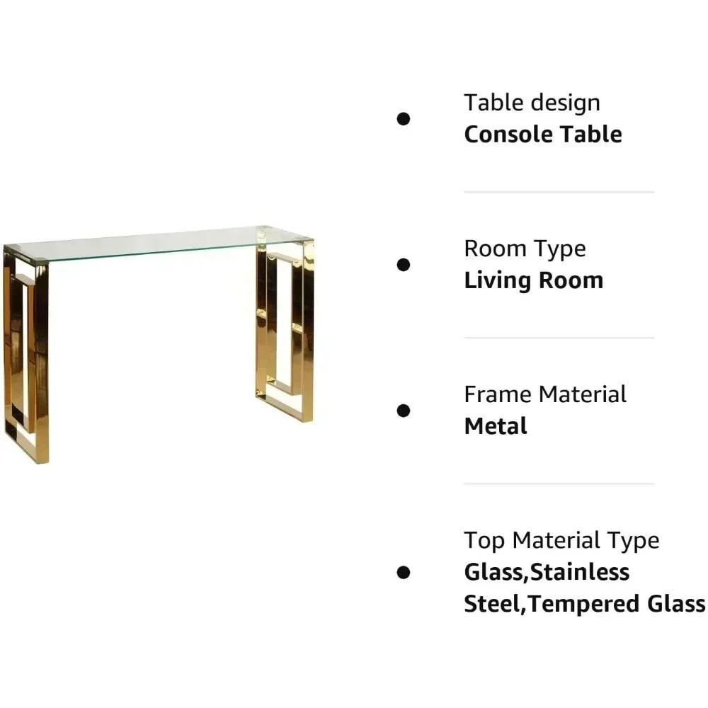 Accueil Laila Console Table en acier inoxydable et verre, 47" de large, or, transparent Table console pour meubles de salon de couloir