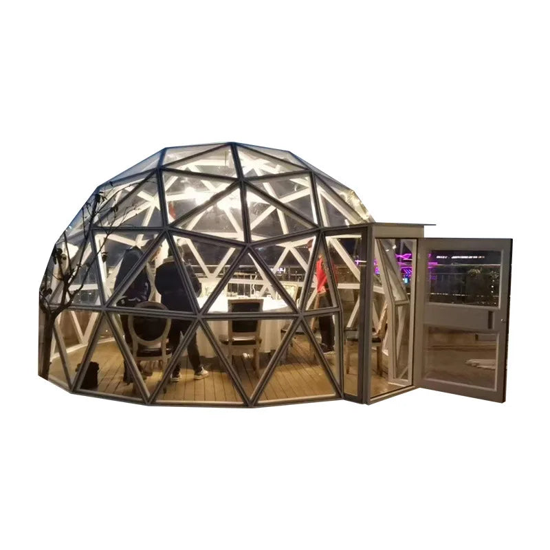 Dôme géodésique en verre transparent avec isolation, 2 pièces, structure en alliage d'aluminium pour l'aviation, tente igloo pour chambres d'hôtel