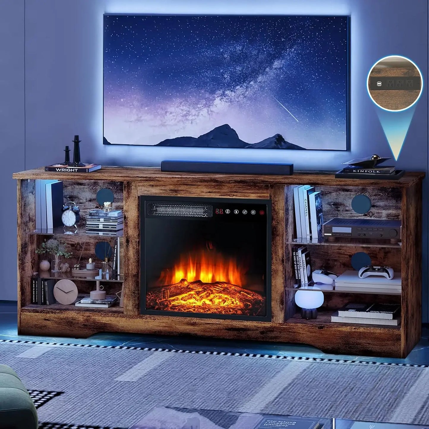 Meuble TV avec cheminée de 58 pouces pour téléviseurs jusqu'à 65 pouces Console avec cheminée électrique de 18 pouces et télécommande, avec étagères en verre à lumière LED