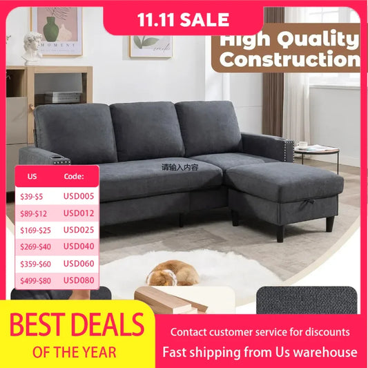 Convertible Sectional Couches for Living Room, L-Shaped Couch 3 Seats Sofas with Storage Chaise & 2 Cup Holders  home furniture