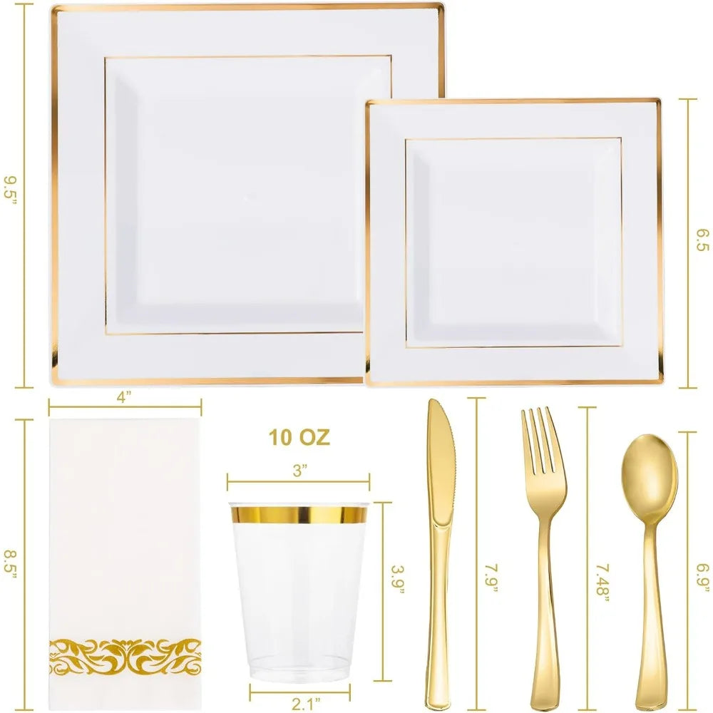 Service de table doré pour 50 invités - 100 assiettes carrées en plastique blanc avec bordure dorée, 50 fourchettes, cuillères, couteaux, tasses et serviettes en plastique doré