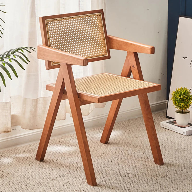 Sillas tejidas de ratán para alojamiento, hotel, uso doméstico, silla de comedor de madera maciza, respaldo con reposabrazos de troncos nórdicos, silla Chandigarh, madera de caucho