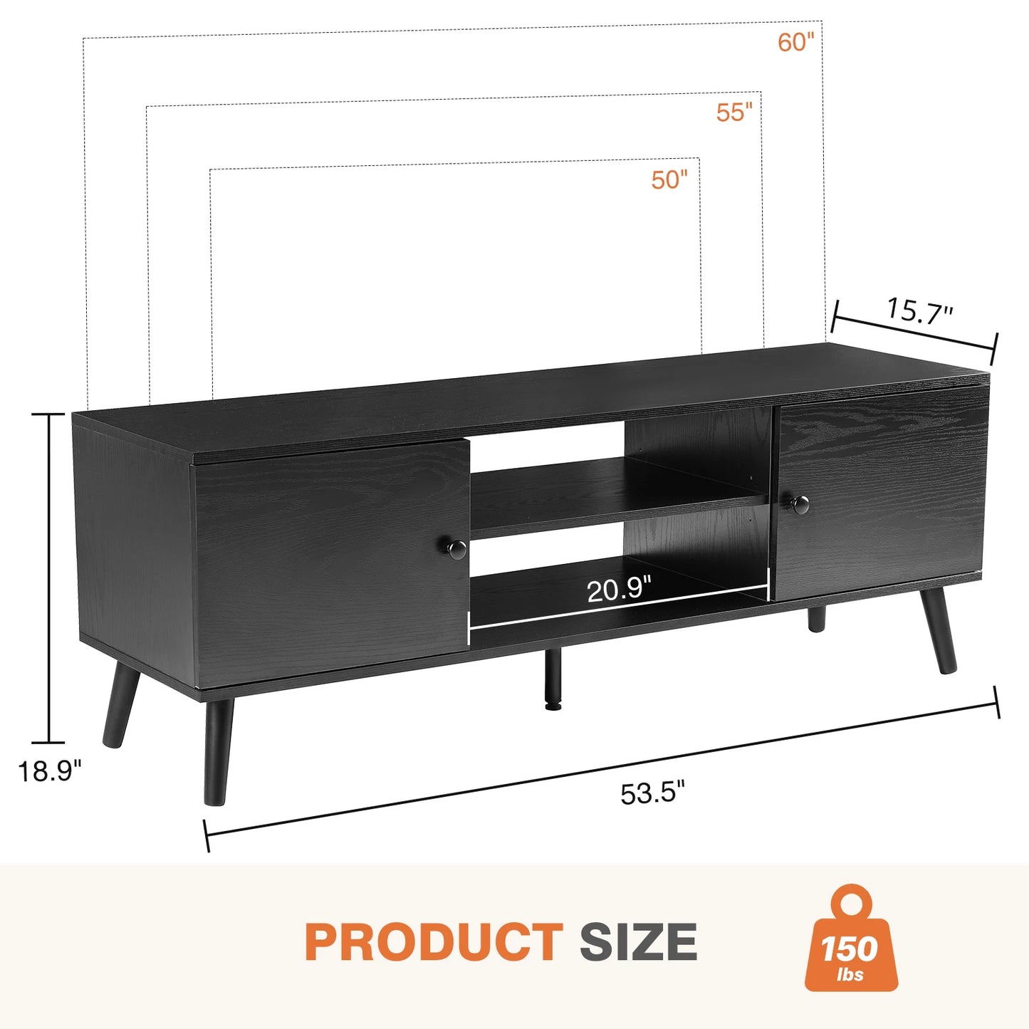 Meuble TV en bois JHK pour cheminée jusqu'à 60 pouces Centre de divertissement TV pour salon Console multimédia Étagère réglable 2 rangements