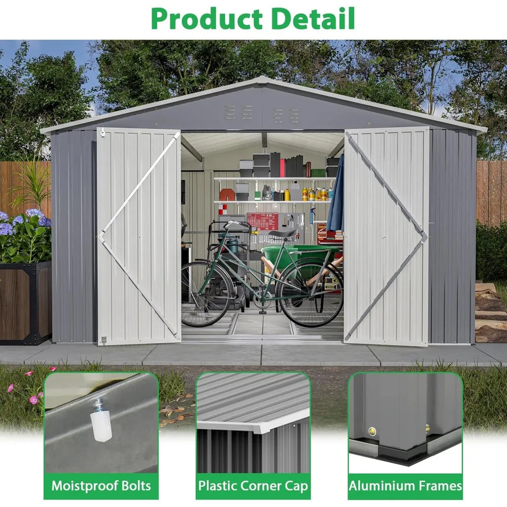 11' x 13' Outdoor Metal Storage Shed with Floor Frame Base, Galvanized Steel Garden Shed with 4 Vents