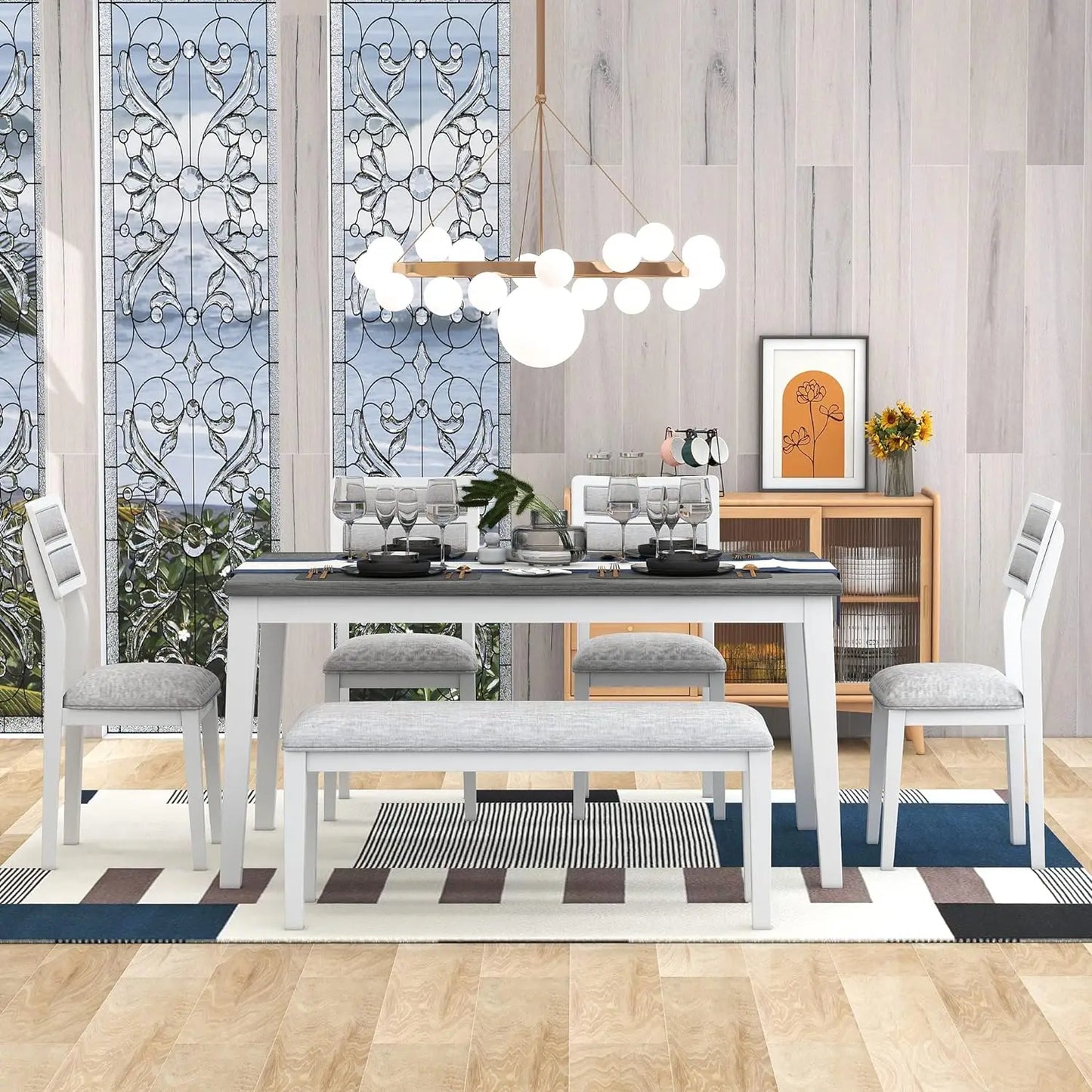 6-Piece Room Classic and Traditional Style, Wooden Dining Table 4 Upholstered Chairs & Bench, Kitchen Furniture Set for Family (