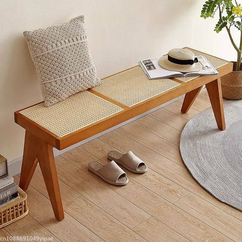 Solid Wood Rattan Bench Living Room Chairs Long Bench Japanese Bed End Bench Retro Chaise Lounge Stool House Furniture Ottoman