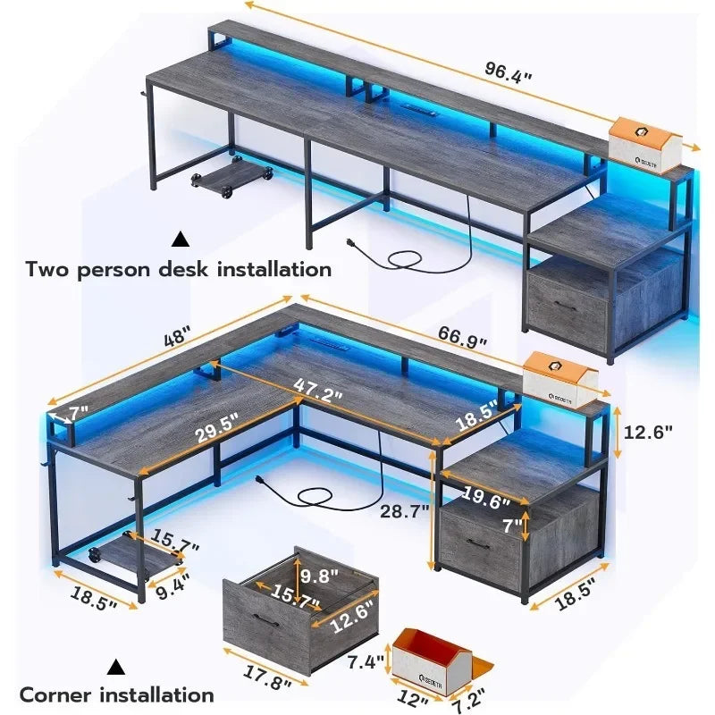 Bureau en L, bureau à domicile de 66 pouces avec tiroir à dossiers et prise de courant, bureau de jeu avec lumières LED, bureau d'ordinateur d'angle