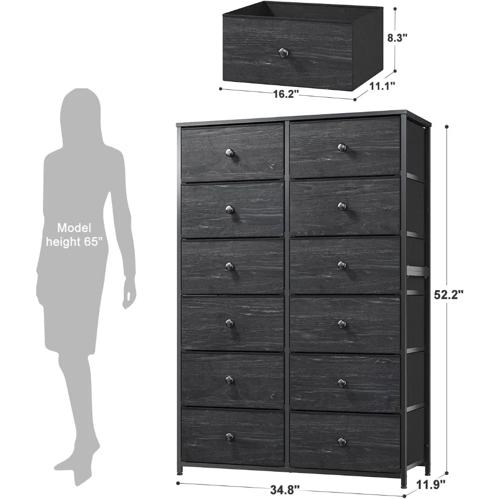 12 Drawer Black Dresser & Chest of Drawers for Closet Hallway, Bedroom Furniture with Wooden Top and Metal Frame Veins