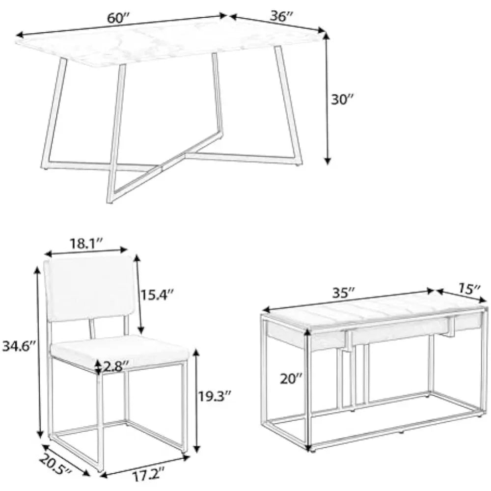 Ensemble de table à manger 6 pièces, ensemble de table de cuisine en métal avec 4 chaises de salle à manger et banc, ensemble de salle à manger moderne en faux marbre