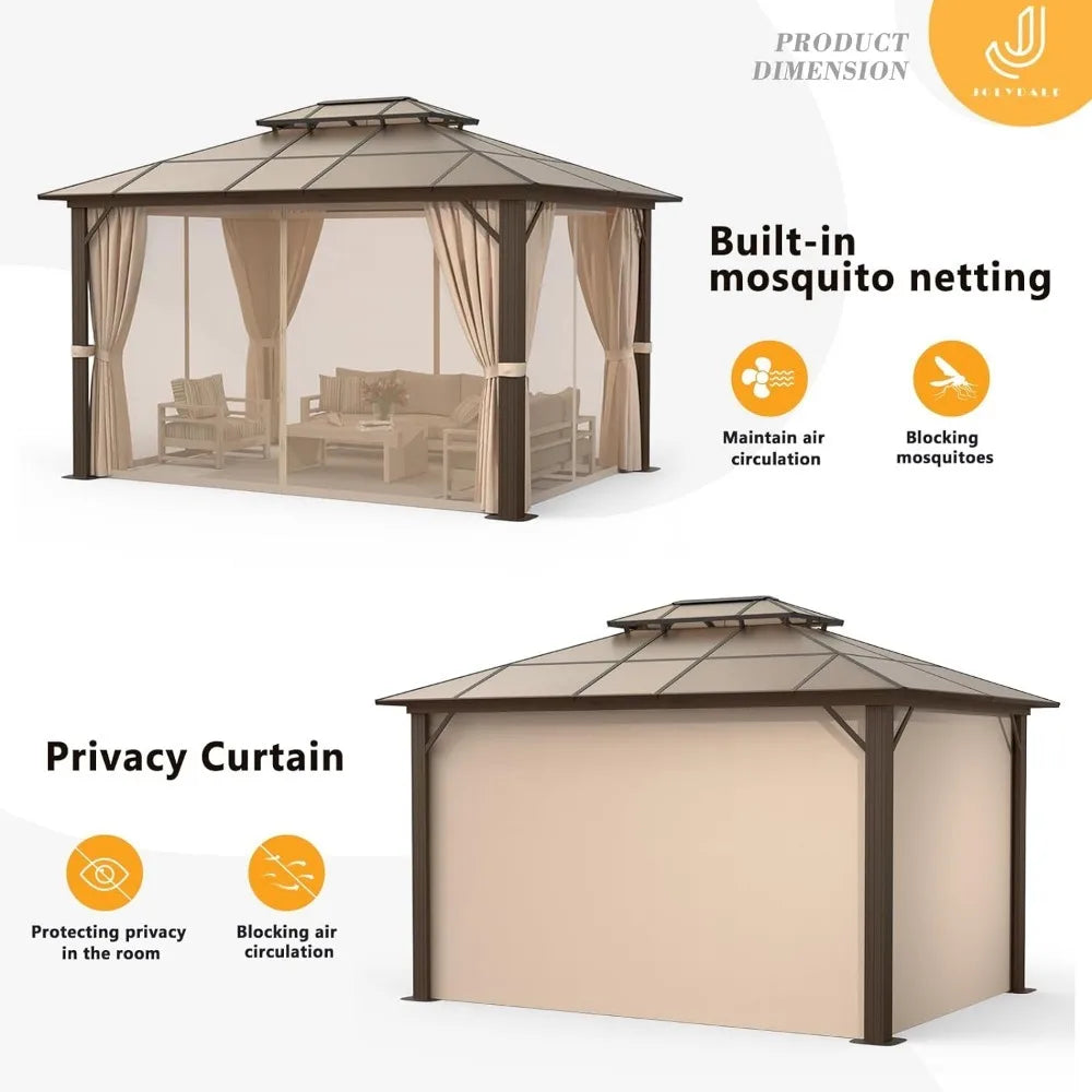 10x12 hard top pavilion, double roof pavilion, aluminum frame pavilion with mesh and curtains, outdoor polycarbonate pavilion