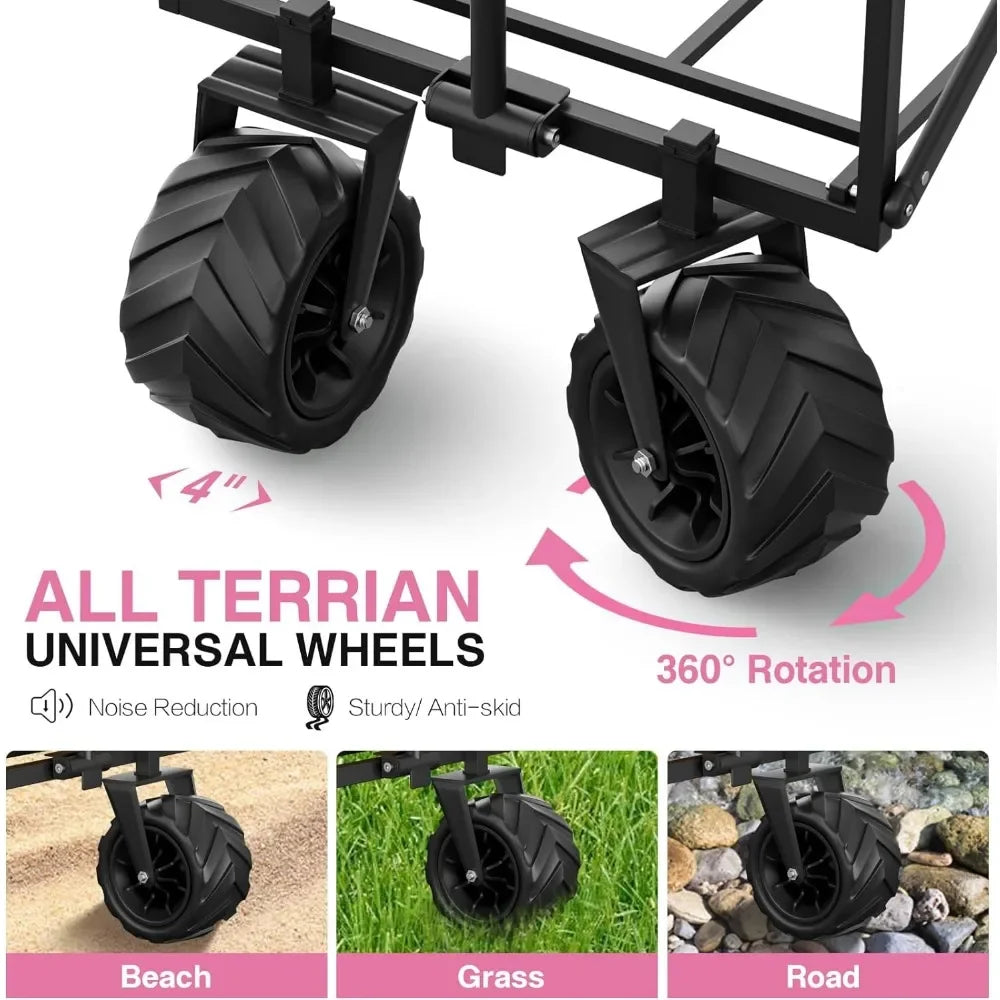 Sand Camping Trolley Pink Garden Carts Folding Home Handcart Beach Cart With Big Wheels Hand Cart Collapsible Foldable Wagon