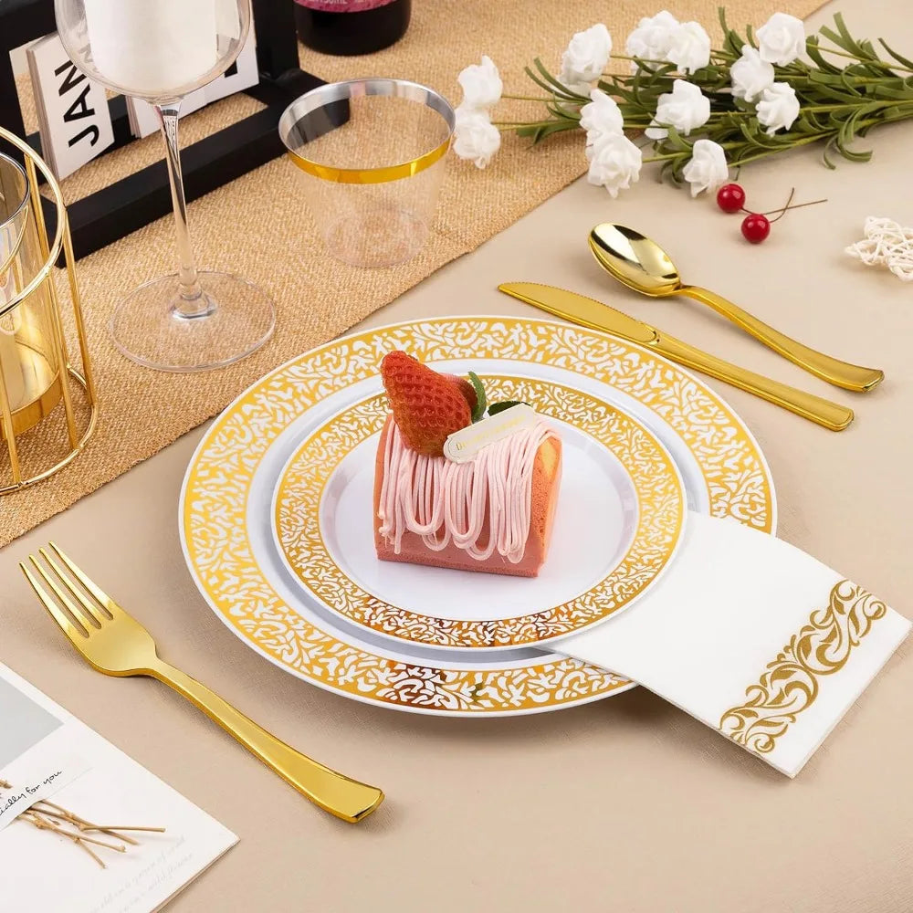 700PCS Gold Plastic Dinnerware Set for 100 Guests, 100 Dinner Plates, Dessert Plates, Gold Silverware Set,Cups, Napkins