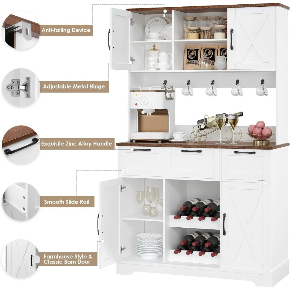 72" Tall Kitchen Pantry Storage Cabinet with Doors & Shelves & 3 Drawers, Farmhouse Kitchen Hutch Cabinet