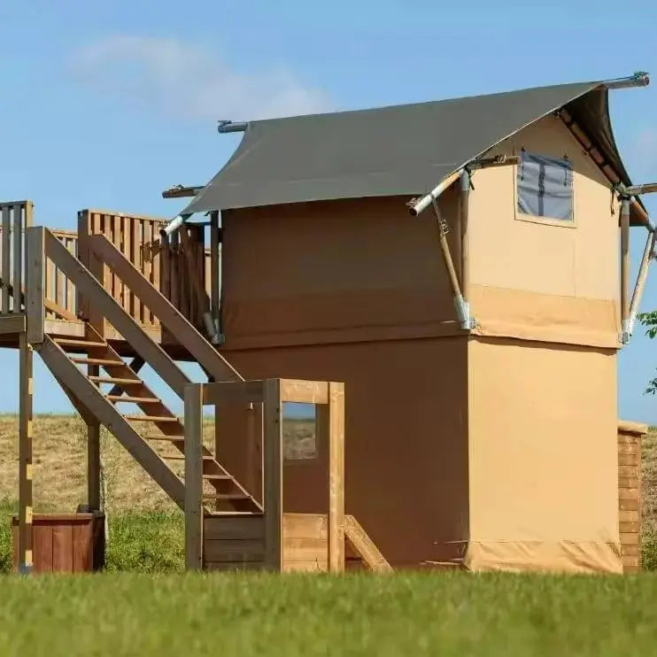 Tente Safari à deux étages avec 2 lits, tente de camping de luxe préfabriquée, maison en bois à 2 étages